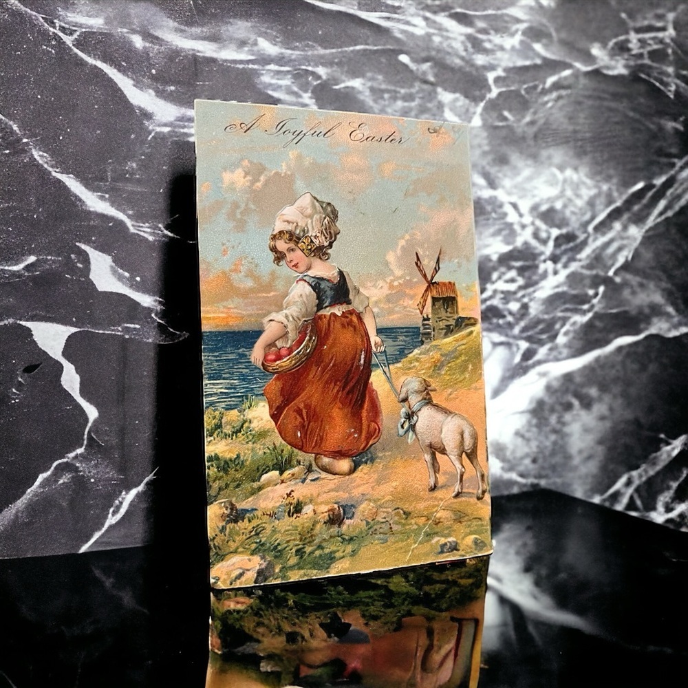 Antique 1907 A Joyful Easter Postcard Dutch Pastoral Maiden & Lamb P Finkenrath
